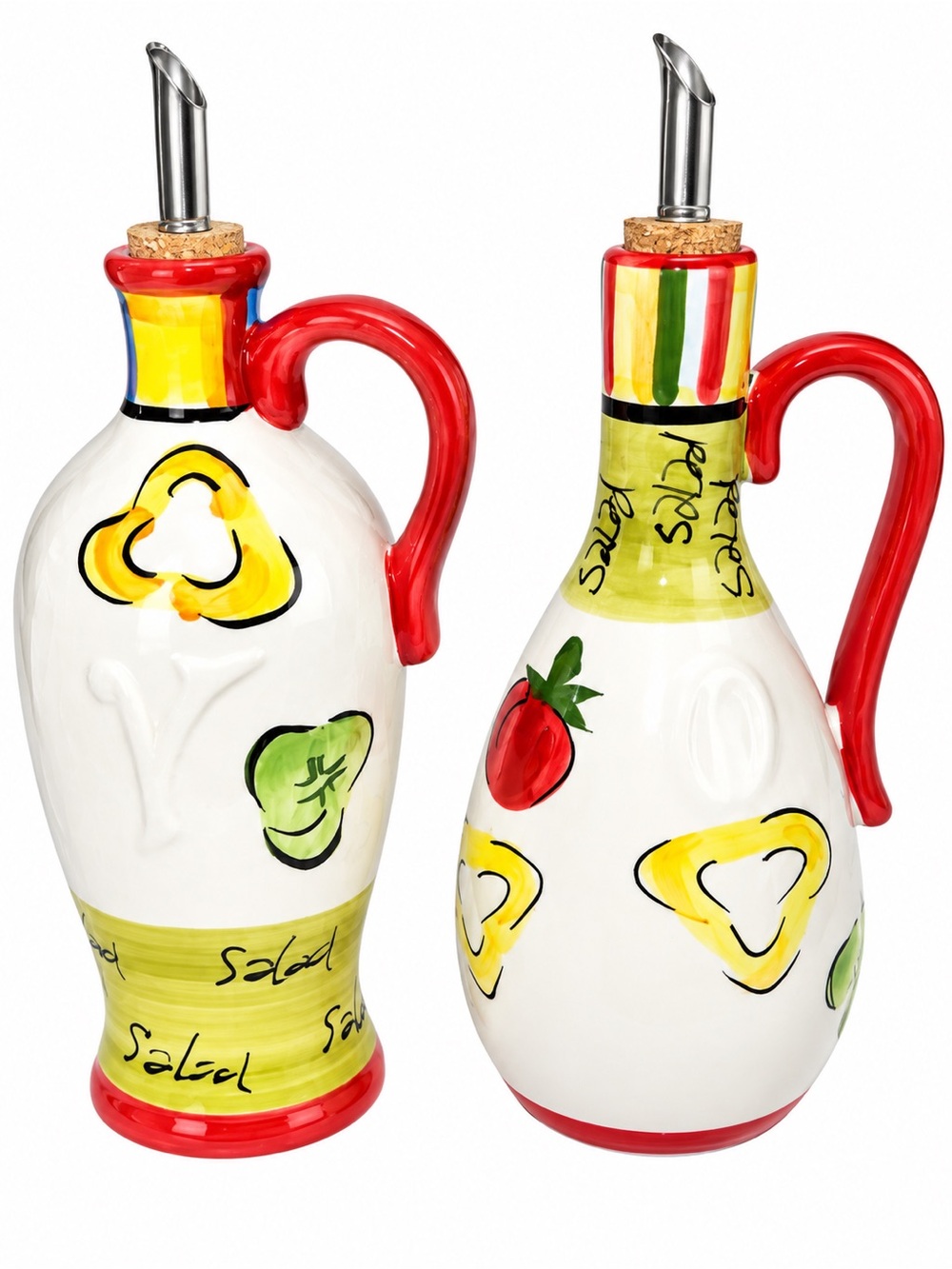 Hand-Painted Ceramic Oil & Vinegar Cruet Set with Red Handles